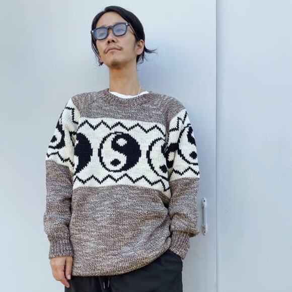 Black Weirdos | Yin Yang Sweater Oatmeal Hand Knit Intarsia Chunky Crew Neck M - Picture 5 of 15
